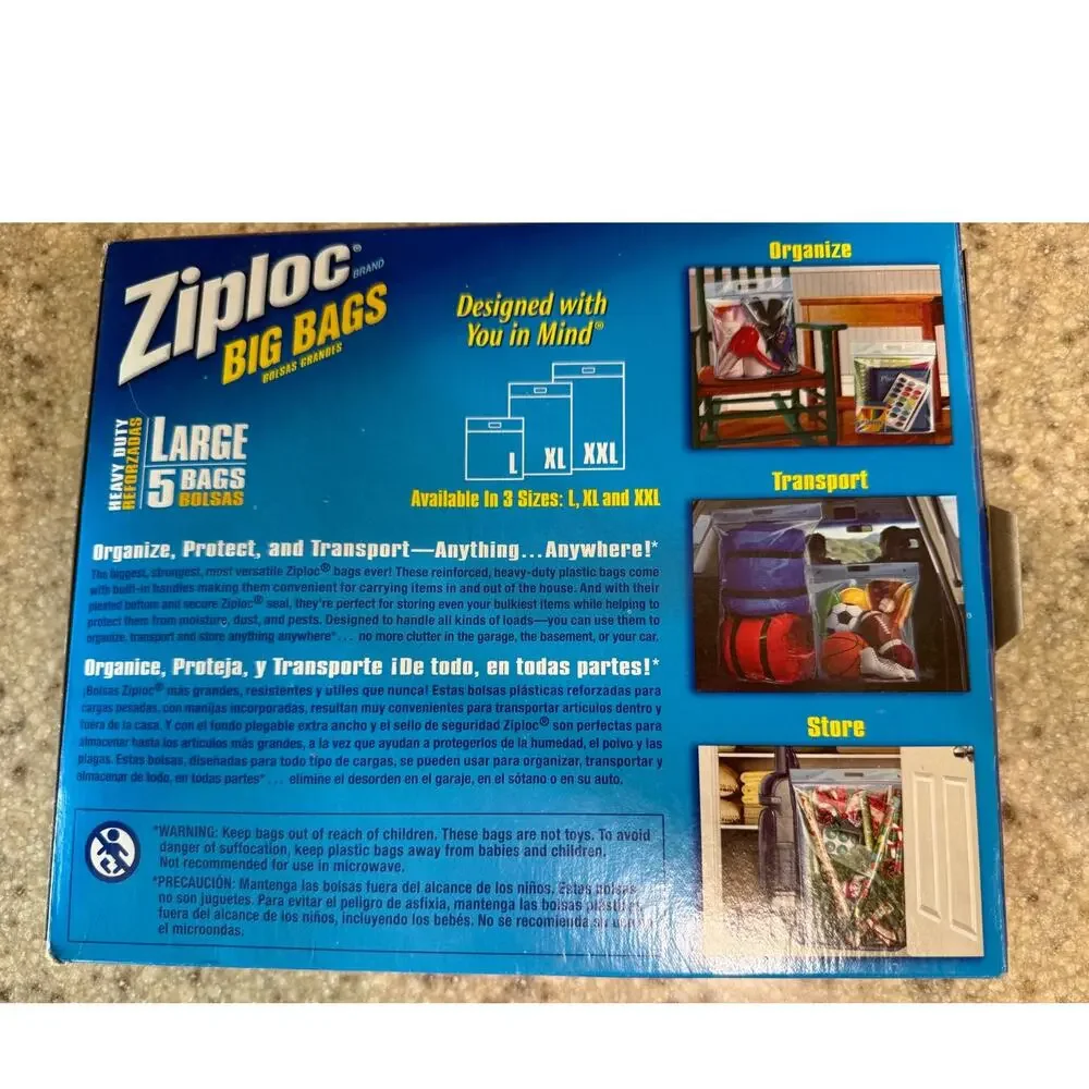 New! Ziploc Big Bag 5 large 3 gallon storage handles double zipper